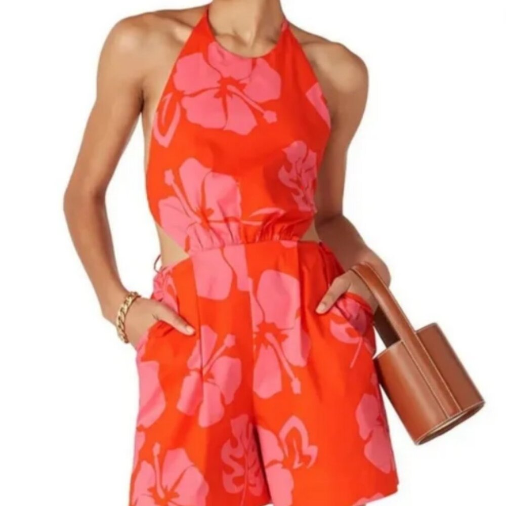 STAUD Georgia Tropical Halter Romper Orange / Pink Hawaiian